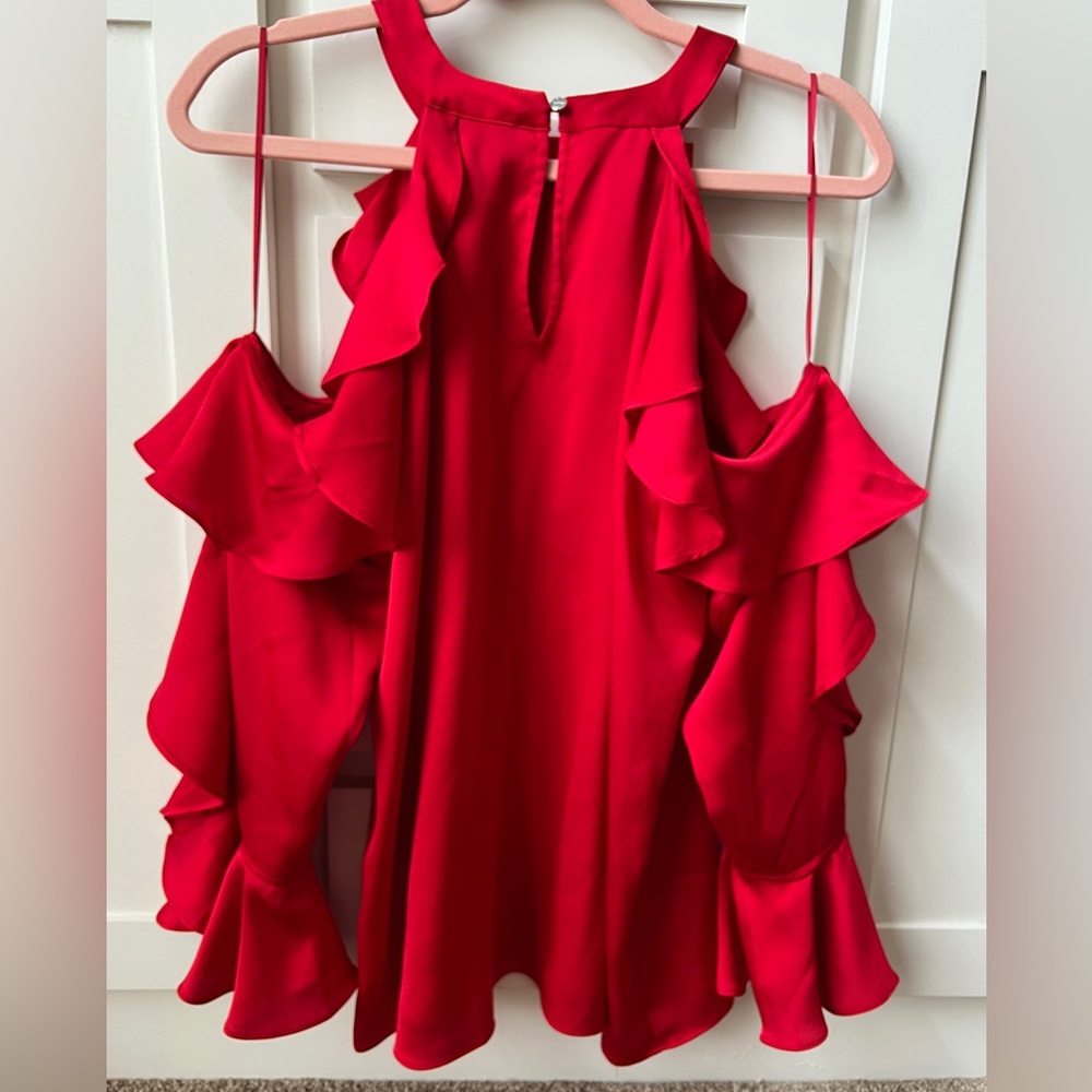 CeCe Cold Shoulder Ruffle Blouse in Medium - Red - EUC!! - Picture 2 of 9